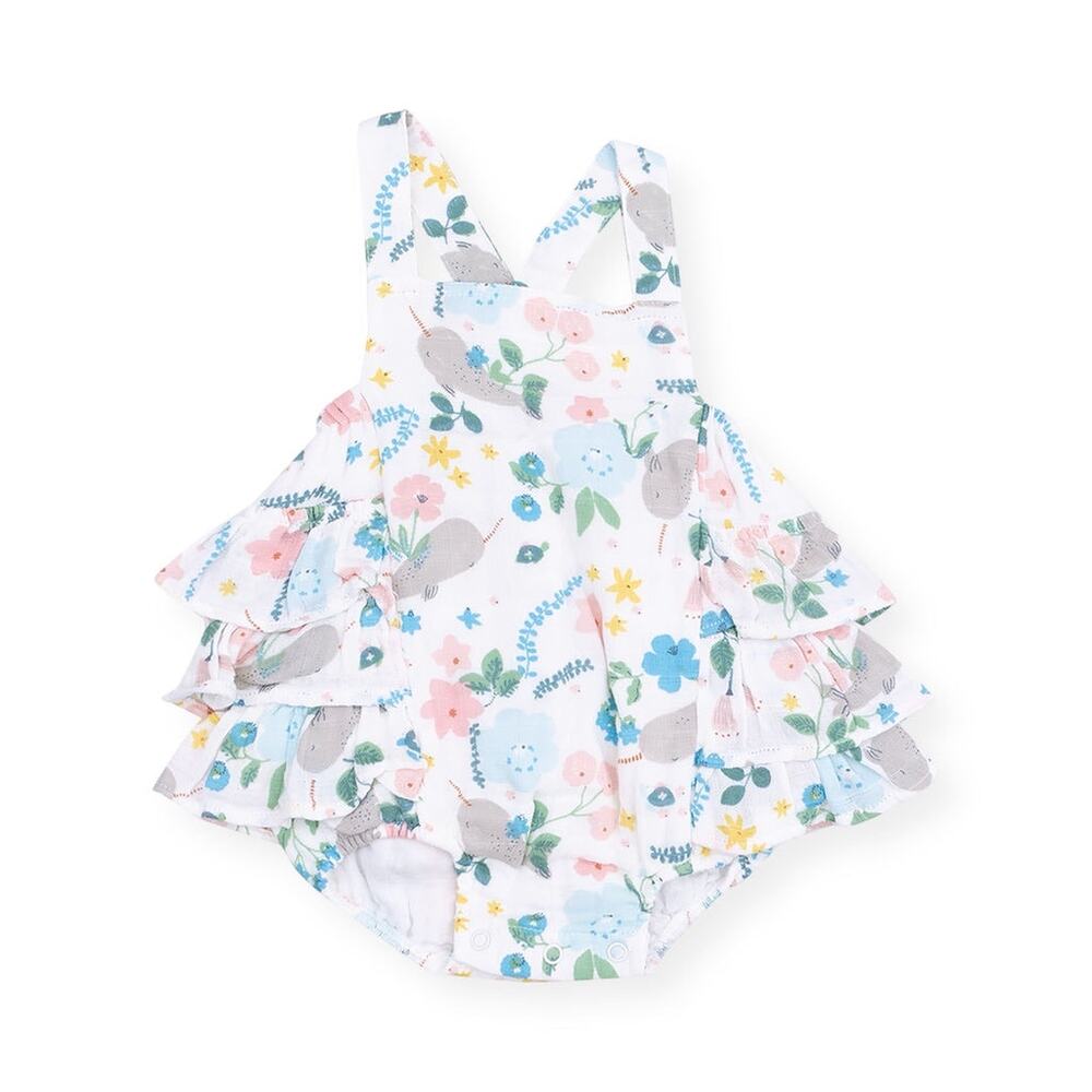 Angel Dear Muslin Ruffle Sunsuit ~ Narwhal Floral